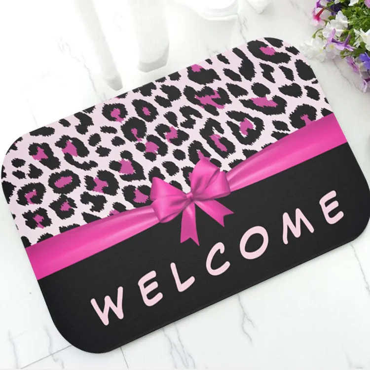 

Stylish Hot Pink Leopard Print Ribbon Welcome Doormat Elegant Ribbon Door Mat Rug Carpet Floor Entrance Mats Rubber Home Decor
