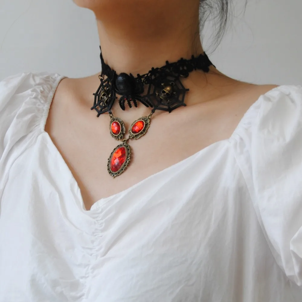 Ажурное черное кружевное ожерелье в виде скелета подвеска паутины