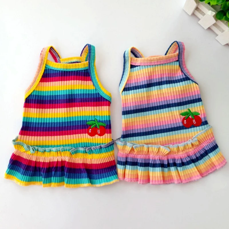 

Rainbow Pets Suspender Skirt Dog Cat Strips Clothes Summer Cherry Pattern Sleeveless Vest Dress For Small Dogs Chihuahua S-XXl
