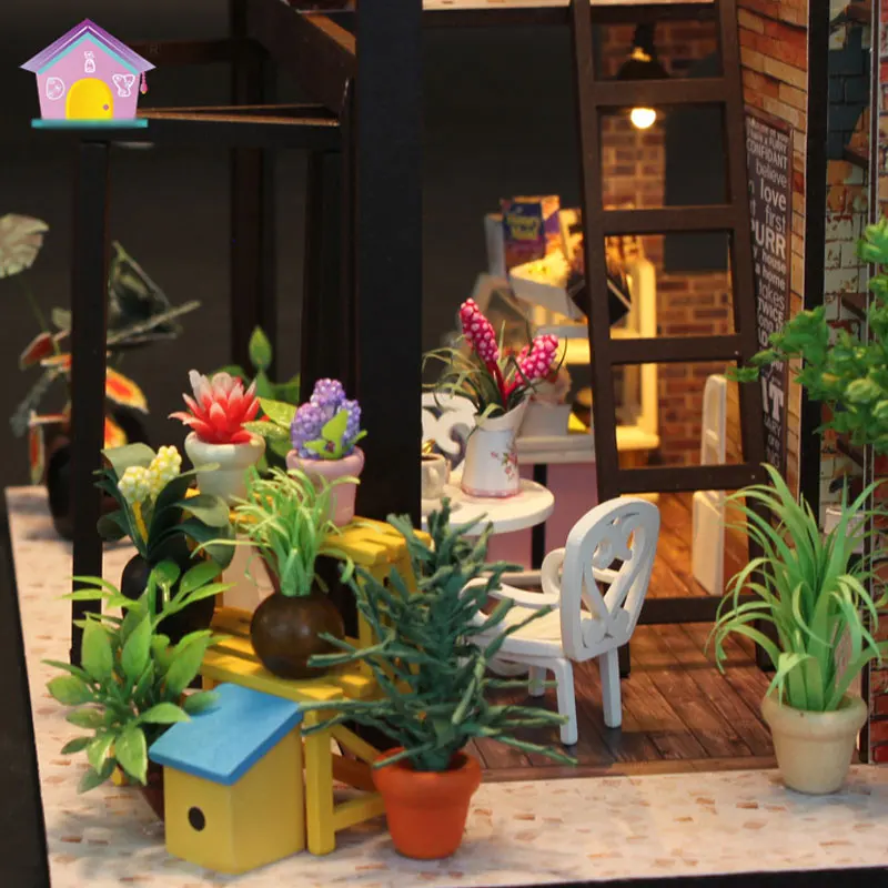 

New Doll House Time Coffee House DIY Wooden House Miniature 3D Handmade Architecture Model LED Light Music Box Birthday Gift