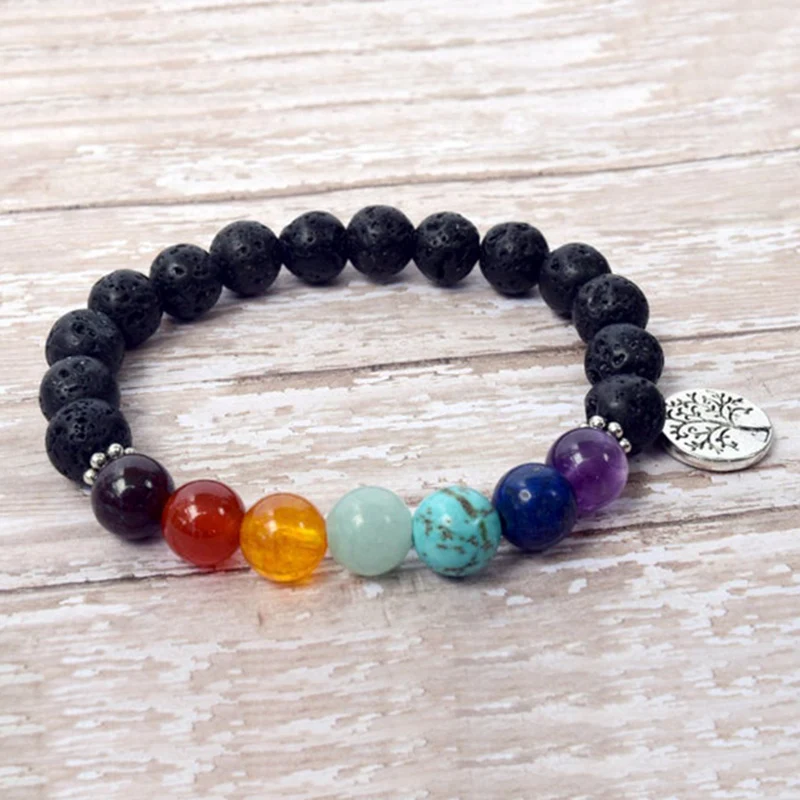 

7 Chakra Mala Beads Bracelet Spirituality Jewelry Lava Stone Beaded Bracelet Tree Of Life Energy Wrist For Women Men
