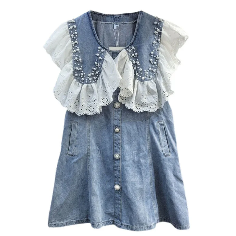 

SeeBeautiful Nail Bead Lace Ruffles Stitching Loose Dress O Neck Sleeveless Single Breasted New Fashion Summer 2021 Women E438