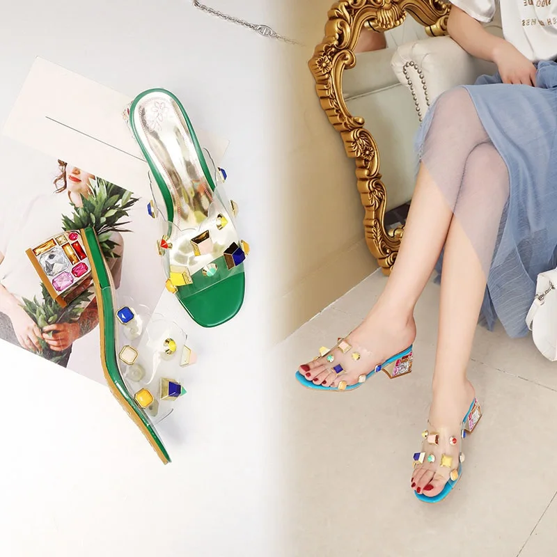 RIZABINA Women Sandals Stone Heel Open Toe Shoes Fashion Sweet Metal Mixed Color Summer Slippers Footwear Size 33-46 | Обувь
