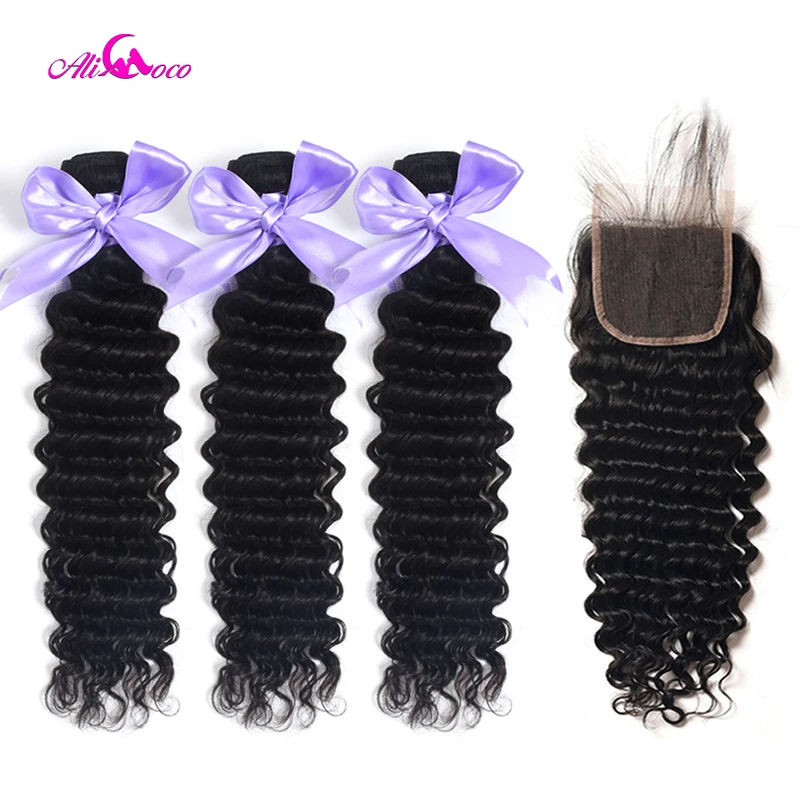 Ali Coco Бразильские глубокие волнистые пучки с закрытием 3 пучка и закрытие 100%