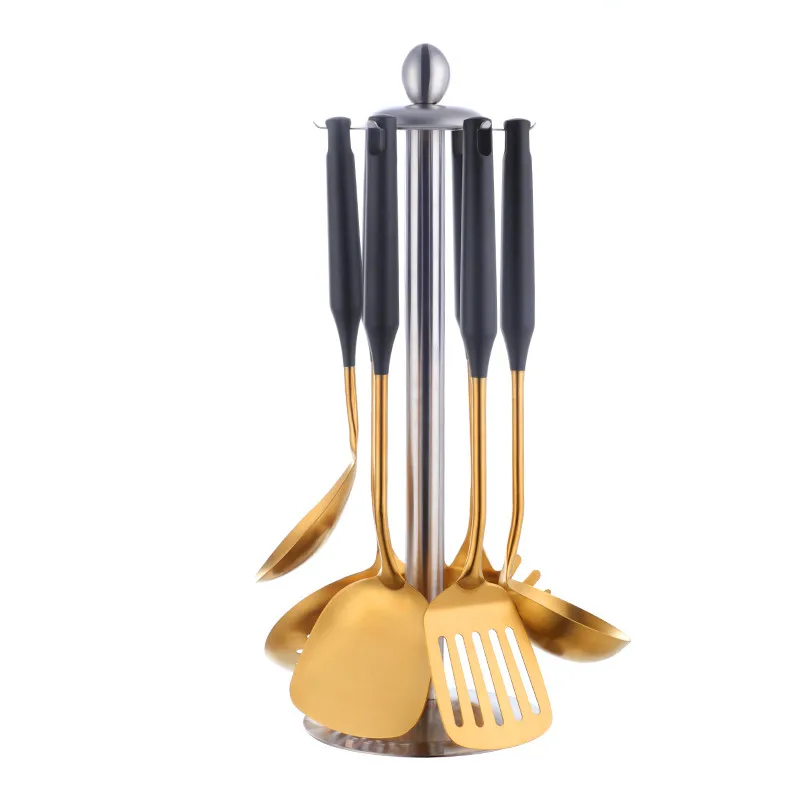 Black-Gold 7 pcs 4/7 шт набор кухонных принадлежностей из нержавеющей стали, кухонные инструменты с длинной ручкой, матовые полировальные шлицевые Тернер, золотые кухонные аксессуары, посуда - Цвет: Black-Gold 7 pcs