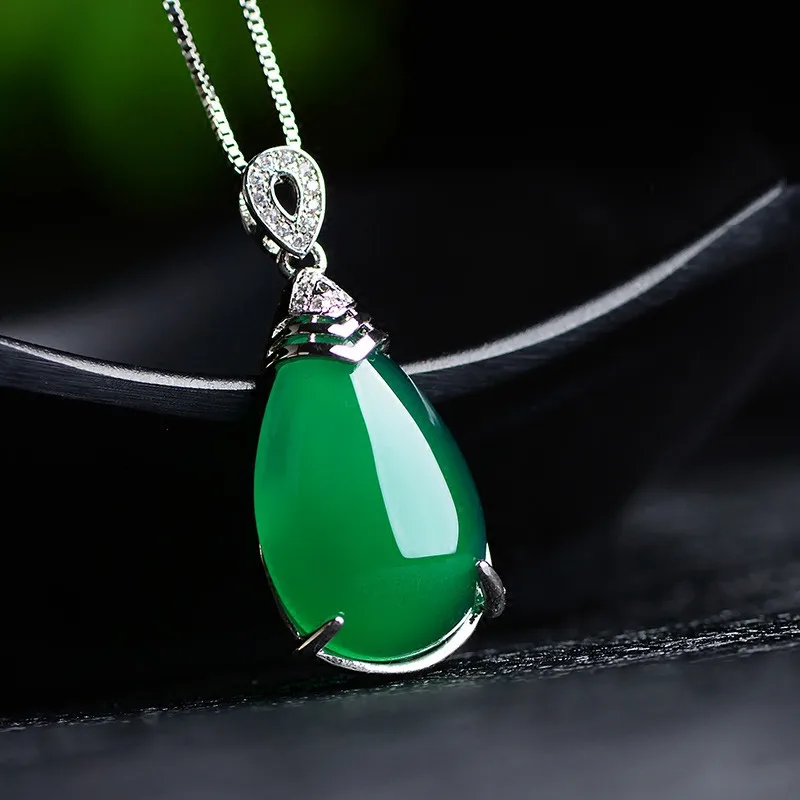 Натуральный зеленый нефрит халцедон сумка кулон агата 925 серебро воды ожерелье с