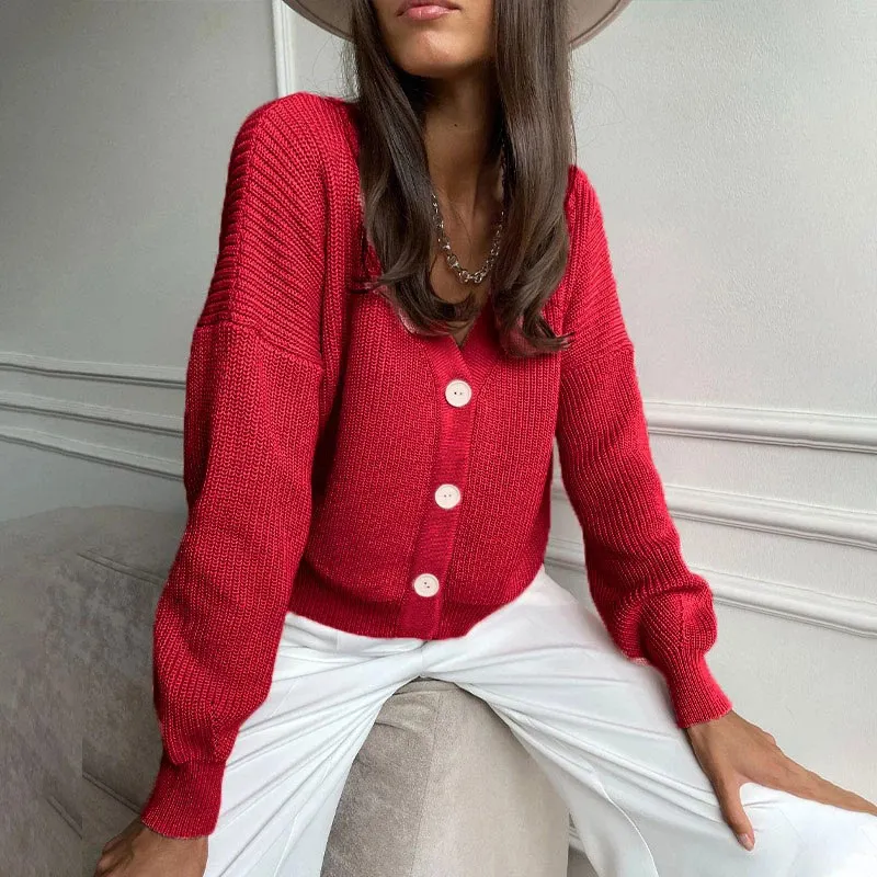 

Lady Casual V-neck Knitted Loose Cardigan Women Buttons Lantern Sleeve Sweaters Female Basic White Autumn Winter Tops 2021