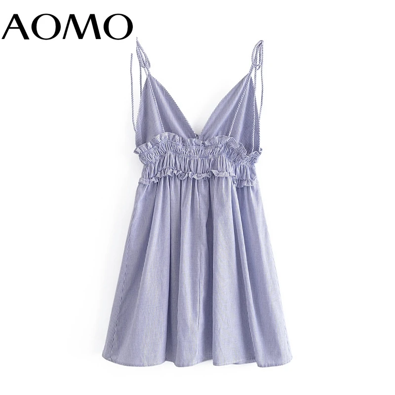 

AOMO Women's Summer Dress Fashion Blue Striped Print A-line Dresses Backless Female Casual Beach Dress QN184A
