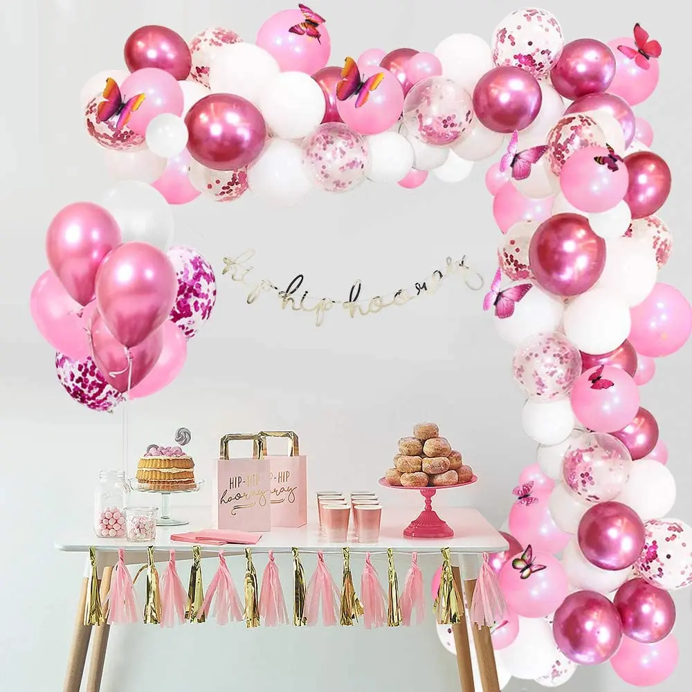 

117Pcs Pink Balloons Garland Arch Kit Birthday Party Decorations for Girl Baby Shower Wedding Party Supplies 12Pcs Butterflies