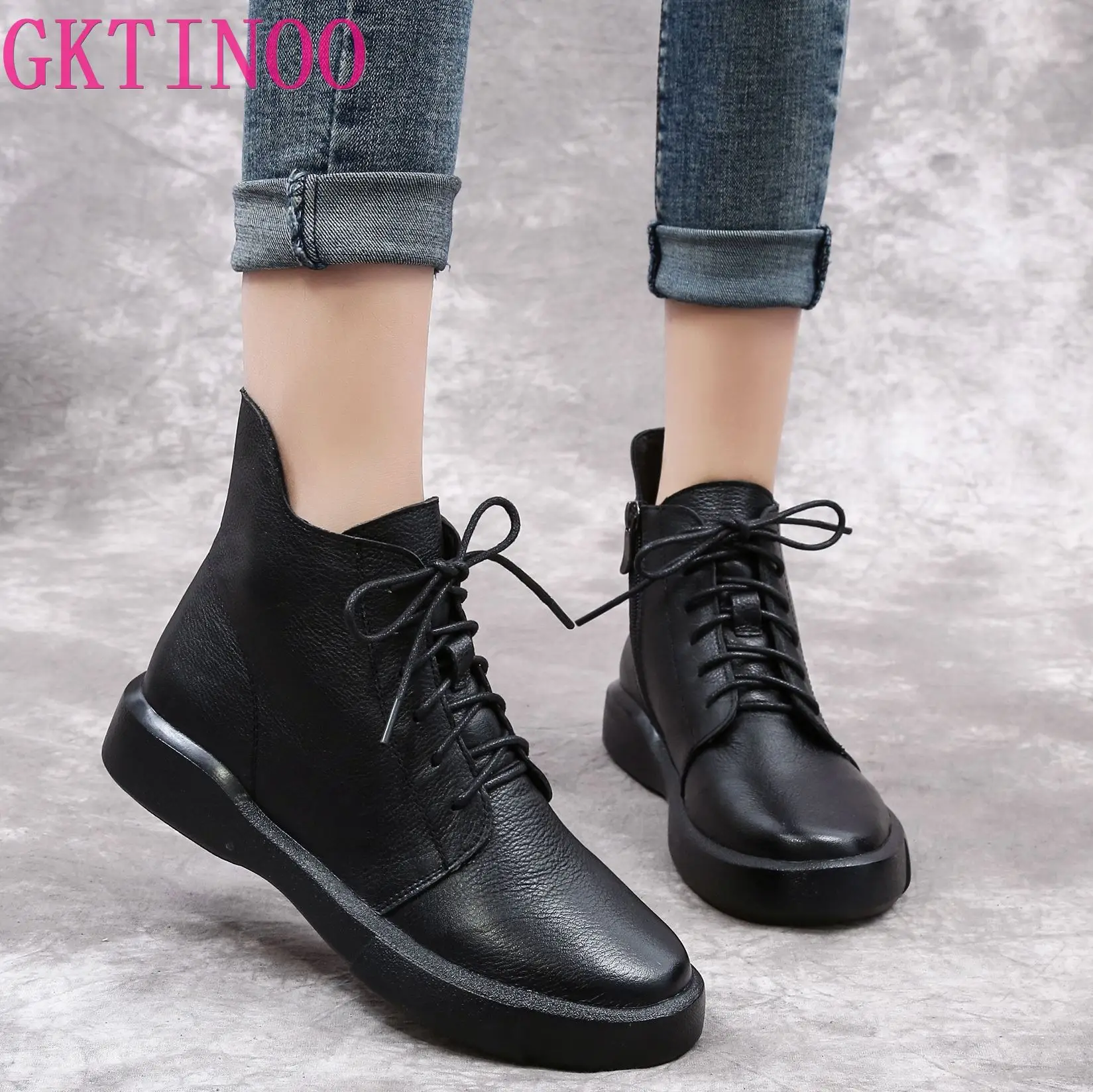 

GKTINOO Winter Boots Women Genuine Leather Ankle Boots Plush Inside Handmade Soft Flat Shoes Retro Women's Shoes Boots