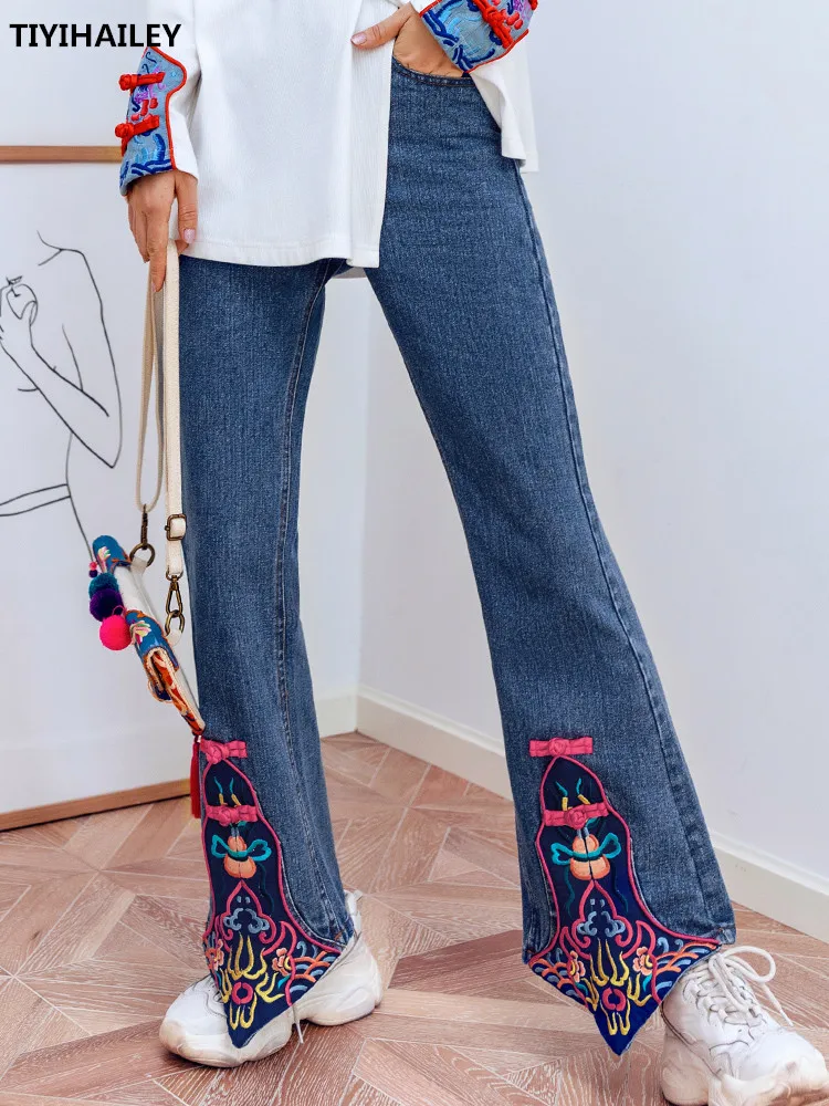 TIYIHAILEY 2021 New Free Shipping Fashion Long Pants Embroidery Chinese Style Flare Pants Trousers S-XL Jeans Blue Vintage