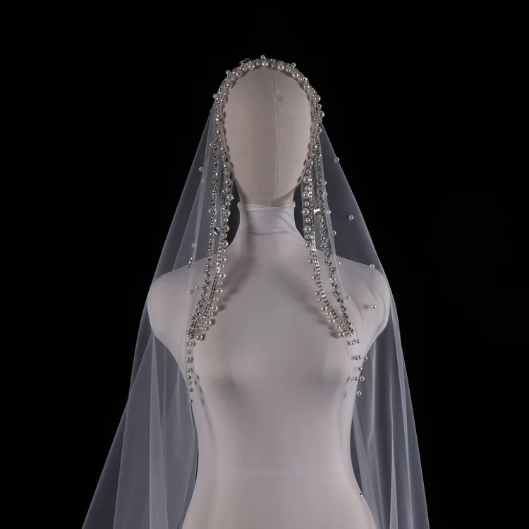 

New High-end Pearls Rhinestone Bridal Wedding Veils White Long Travel Photography Bridal Accessories