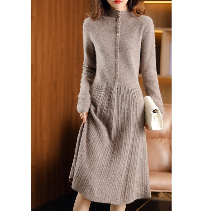 

Кашемировое трикотажное платье средней длины, с длинным рукавом, круглым вырезом, приталенное, со складками, из 2021 шерсти, Осень-зима 100