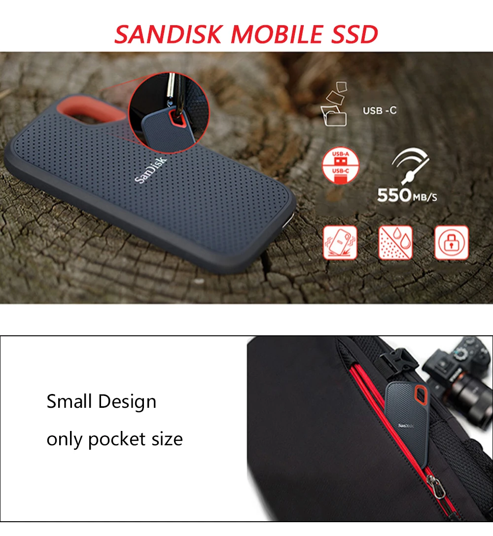 Sandisk Тип-C SSD 250 ГБ 500 1 ТБ 2 ТБ USB3.1 внешний твердотельный накопитель Портативный жесткого диска 550 МБ/с. жесткий диск для ноутбука