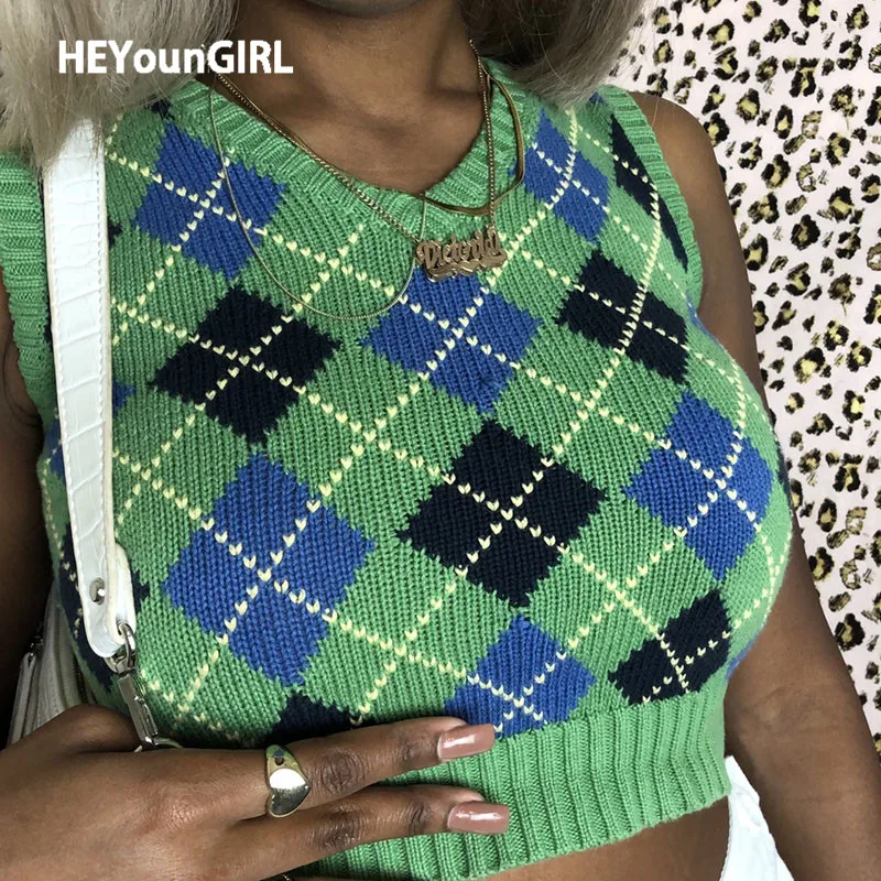 Женский укороченный свитер HEYounGIRL Y2K в клетку с узором ромбиками Осенний