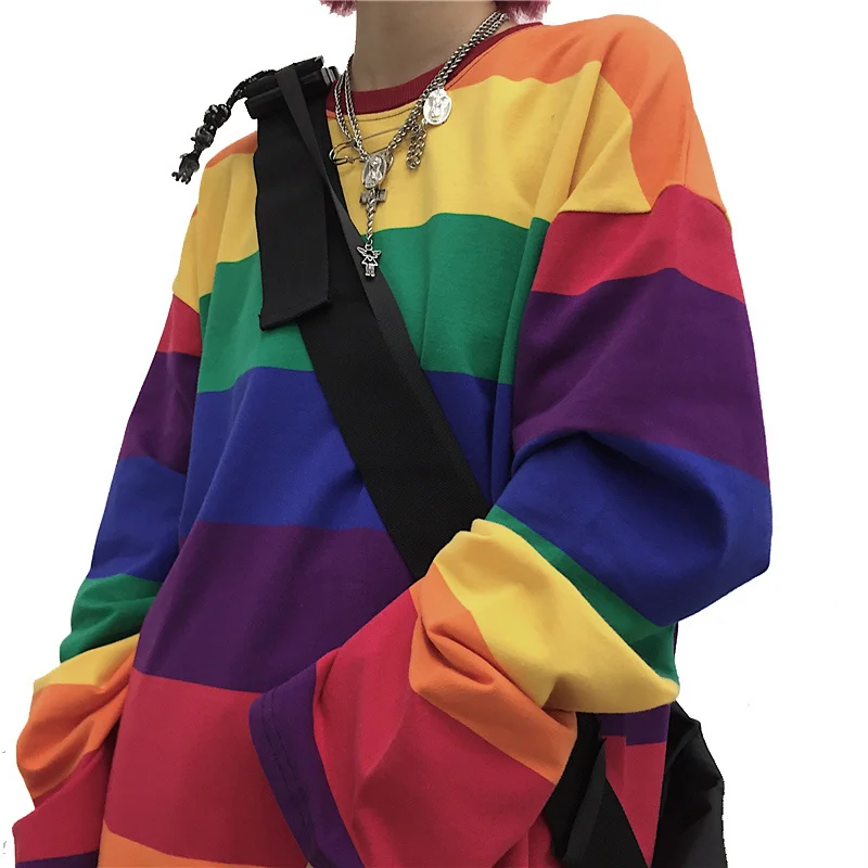 

Rainbow Striped Women T Shirts Harajuku Fashion Female Tops Long Sleeves Oversize Woman Tshirt O-Neck Casual Female T-shirts