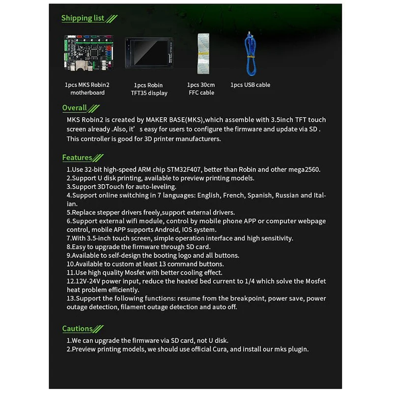 Makerbase 3D Printer STM32 MKS Robin2 Motherboard Open Source Hardware Convenient for Develop and Set Up Integrated Mainboard wi |