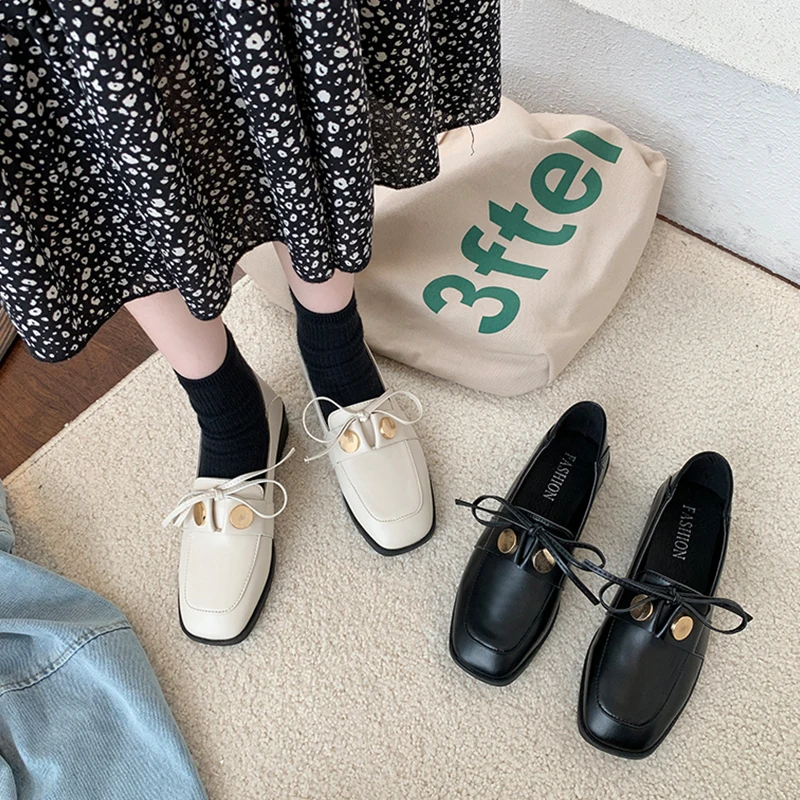 

Oxfords Shoes Women 2021 Fashion Metal Decoration Flat Loafers British Styles Square Toe Bow-knot Small Leather Casual Shoes