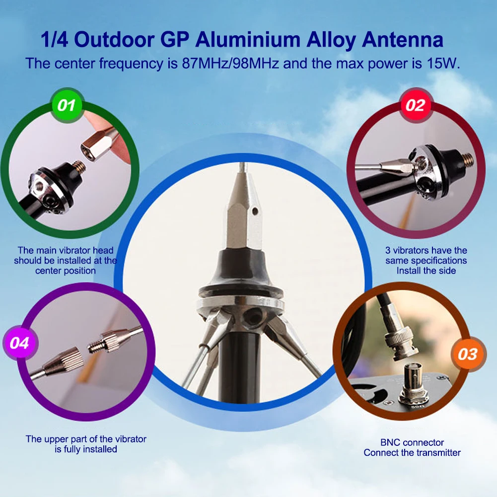 

1/4 Outdoor GP Aluminium Alloy Antenna 15M Cable for 5W~50W Transmitters Vehicle-mounted Antenna