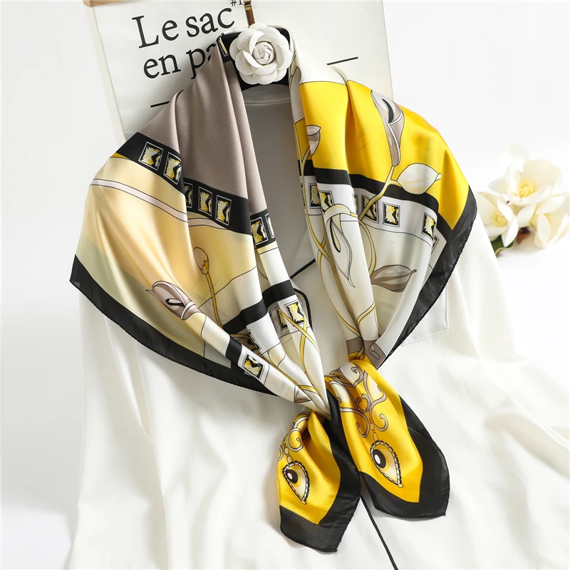 

2021 New Square Neck Scarf Women Foulard Hijab Silk Feeling Neckerchief Bandana Female Official Shawl Wraps Headband