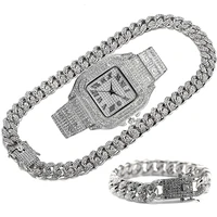 luxury iced out chain for men women hiphop miami bling cuban chain big gold necklace iced out watch bracelet rhinestone jewelry
