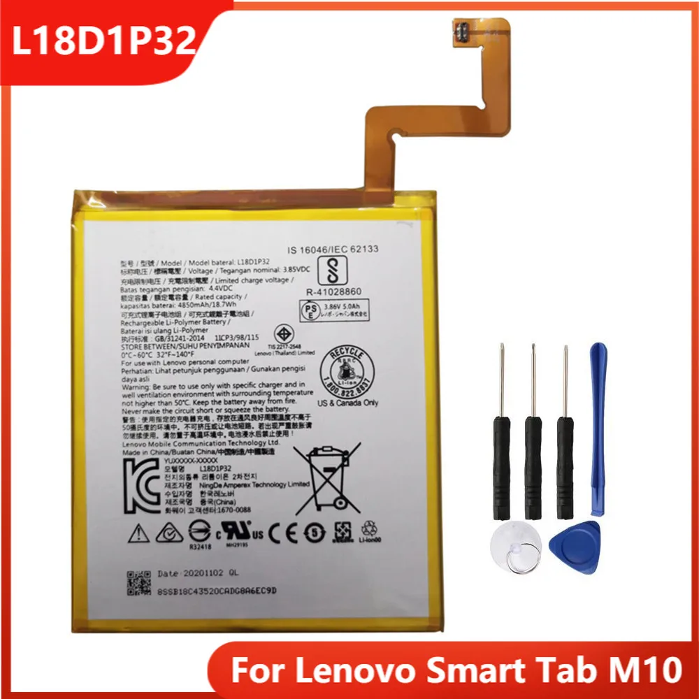 

Оригинальный аккумулятор для планшета L18D1P32 для Lenovo Smart Tab M10, сменные аккумуляторные батареи 4850 мАч с бесплатными инструментами