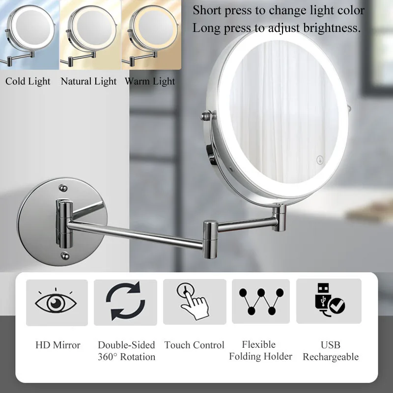 

Складной кронштейн для зеркала в ванную комнату, 8 дюймов, 2-стороннее увеличение 3/5X, USB-зарядка, искусственное зеркало для макияжа с сенсорны...