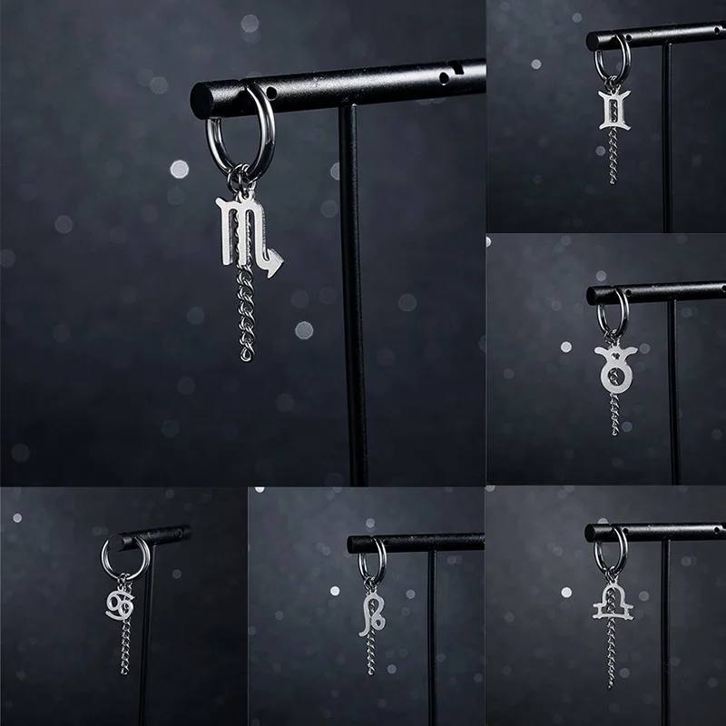 

Rinhoo 1PCS Fashion Twelve Constellation Pendant Cool Girl Stainless Steel Drop Hoop Earrings Punk Wholesale Unisex HipHop Man