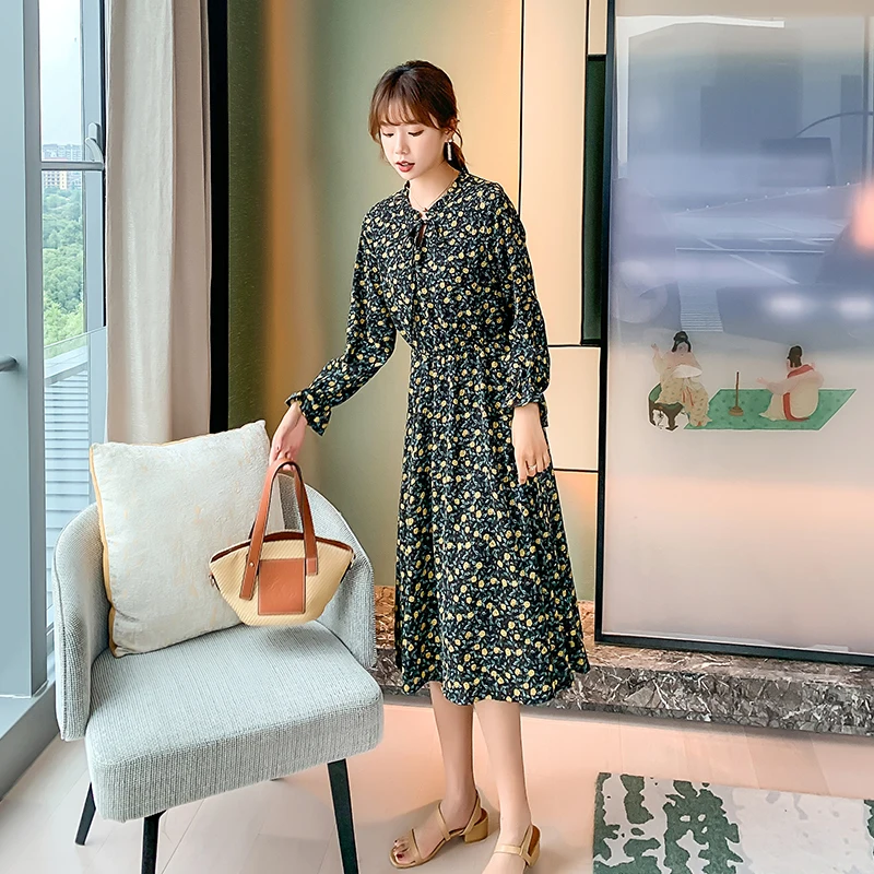 

Black White Women Floral Chiffon Dress Autumn Spring Runway 2020 Korean Long Sleeve Dresses Boho Elegant Casual Party Dress New
