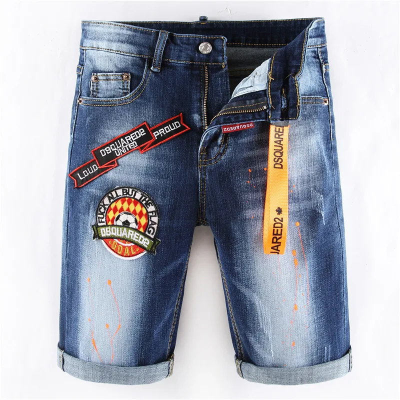 

Summer New Fashion Men's slim shorts jeans stretch badge paint short ripped jeans pants male trousers clothes streetwear hip hop