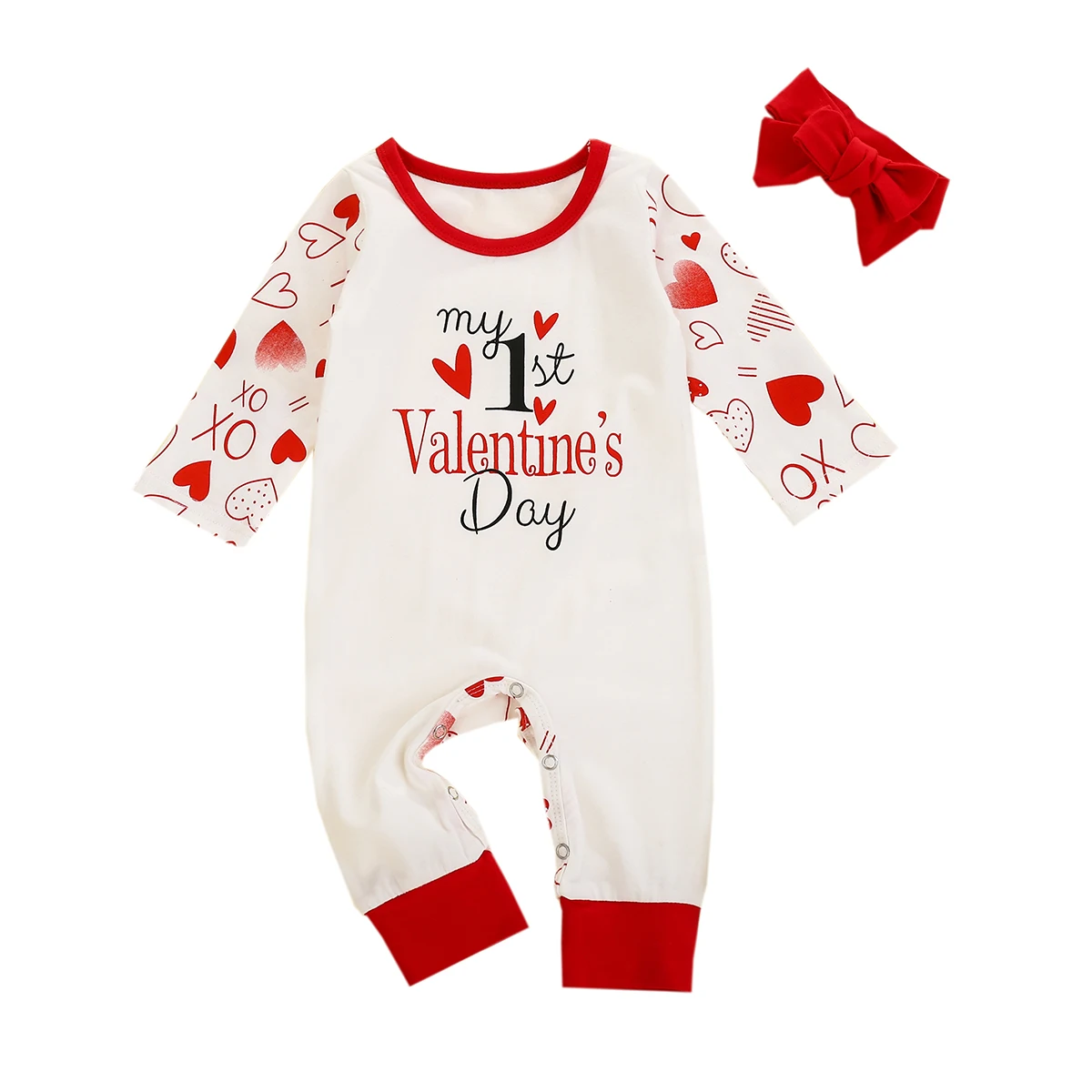 

My 1st Valentine's Day Outfit Set Newborn Baby Girls Letter Print Jumpsuit+Headband Set