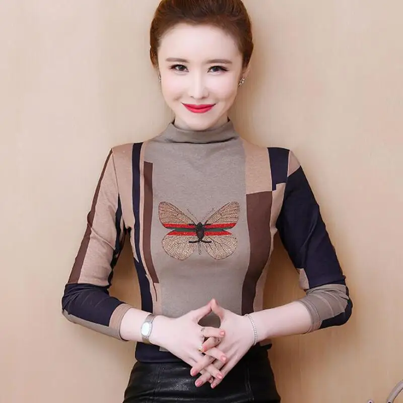 

Vintage Print Women Blouses Long Sleeve Stand Collar Fashion Diamonds Blouse Women Shirts Plus Size Women Tops Camisas Mujer