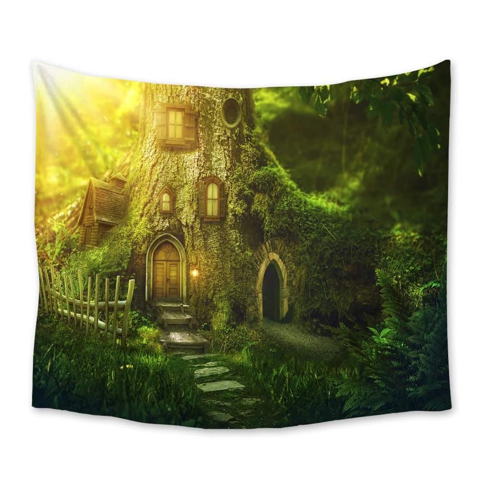 

Fantasy Green Forest House Tapestry Wall Hanging Polyester Home Bedroom Bedspread Beach Mat Blanket Yoga Mat Dorm Decor