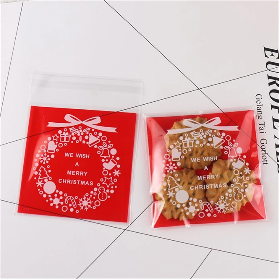{D& P 100pcs 10X10+ 3 см Рождество печенья конфеты упаковки хлеба самоклеящаяся Пластик печенье закуски выпечка посылка милые сумки через плечо