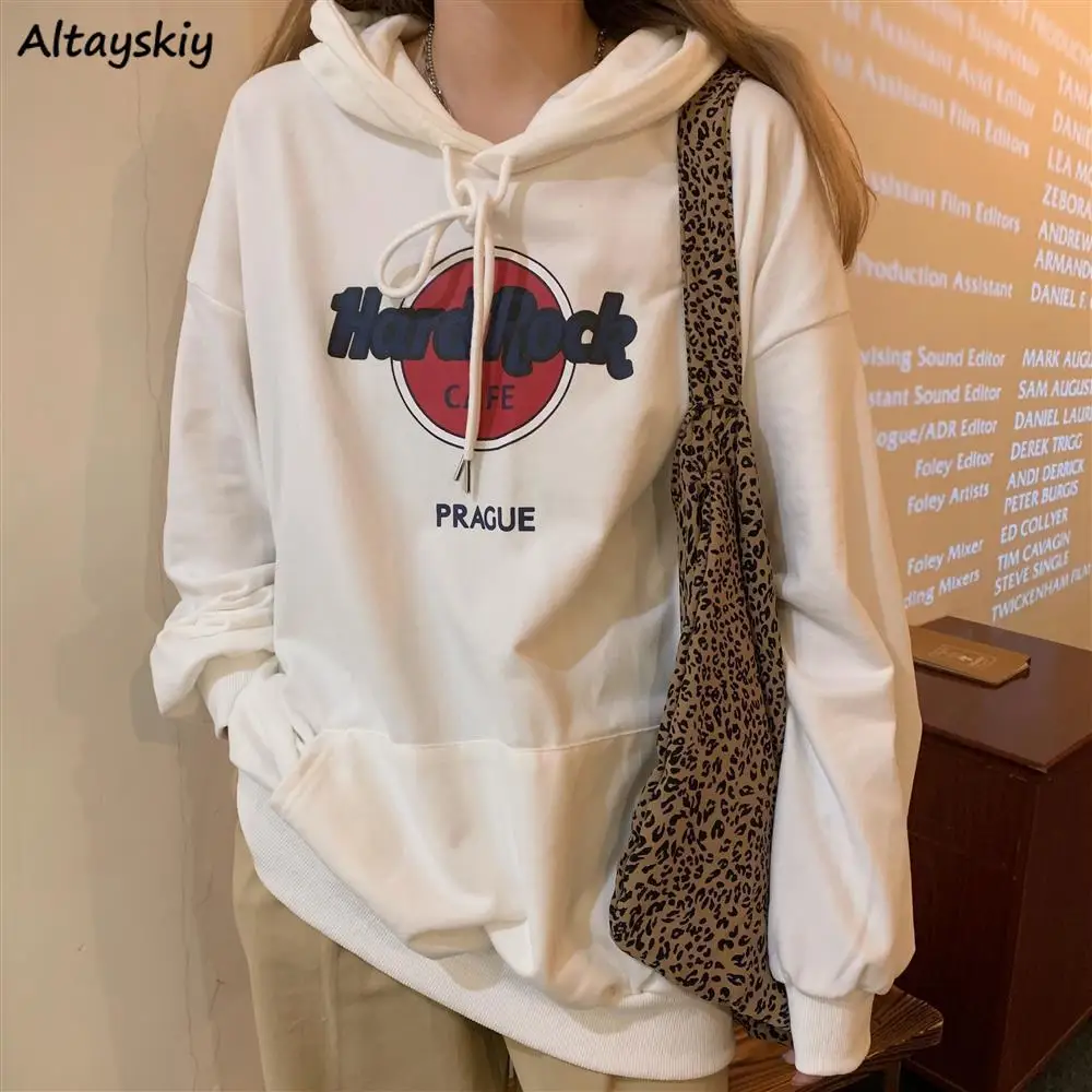 

Women Hoodies Printed White Loose Teenagers Soft Boyfriend Hooded Fresh Slouchy Korean Style Fashion Sweatshirts Basic Popular