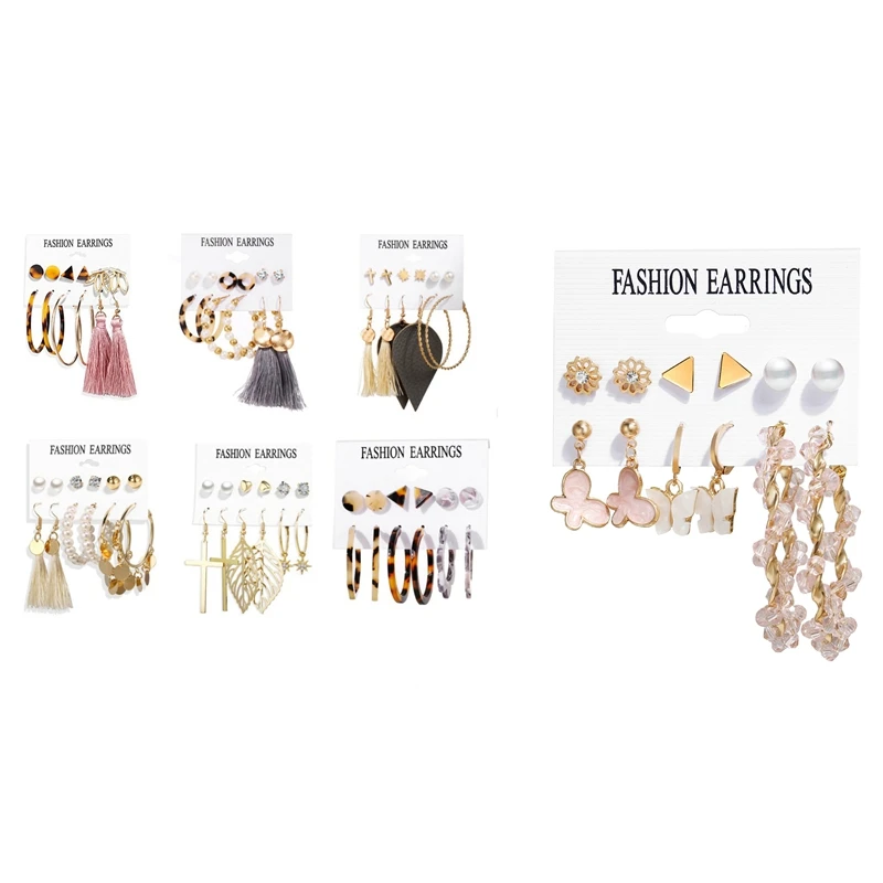 

42 пары серег: 6 пар искусственных кристаллов и 36 пар модных серег с кисточками