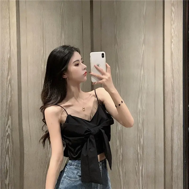 

Women Corset Tops 2021 Summer Mesh Stitching Bow Spaghetti-Strap Camisole Top Women Tank Camis Crop Top For Women
