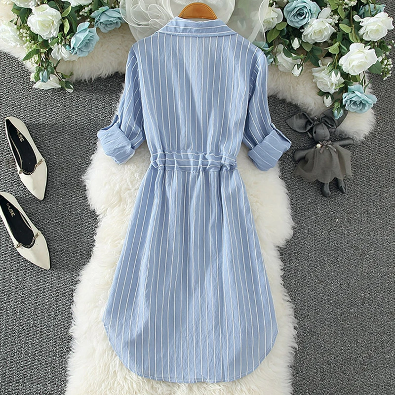 2020 Полосатое женское платье туника с длинным рукавом элегантное рубашка синий