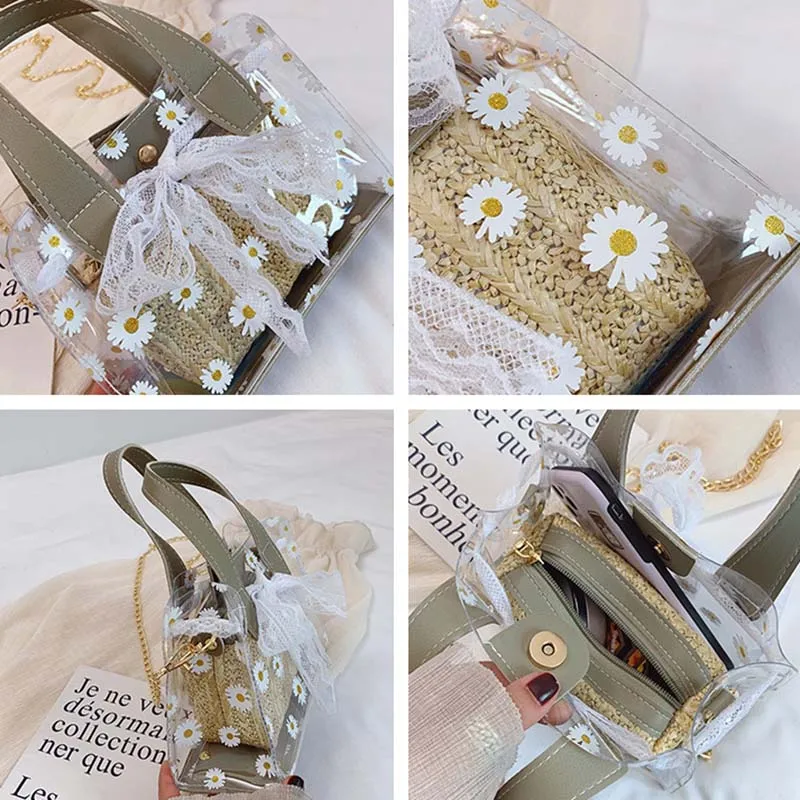 

Floral Lace PVC Women Transparent Bags Sweet Summer Fresh All-match Girl Cross Body Chain Jelly Bag Cozy Woven Composite-bag Ins