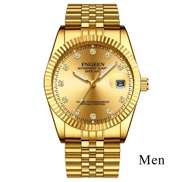 Gold Watches for Men Top new Brand Luxury Diamond Quartz Couple Watch Women Steel Strap Date Luminous Reloj Hombre Lovers Watch