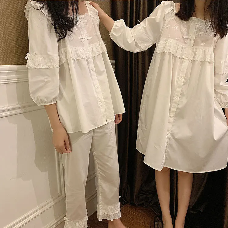 

Princess Loose Nightdress Spring Fall Long Sleeve Pure Cotton Princess Nightwear Vintage Girls White Sleepshirt Women Nightgowns
