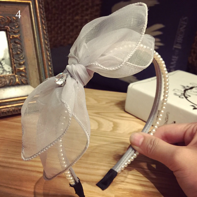 

Rabbit Ear Knotted Pearl Headbands Lace Crystal Pearl Bow Hairbands Multi-layer Thin Hair Hoop Net Yarn Bowknot Hair Accessories