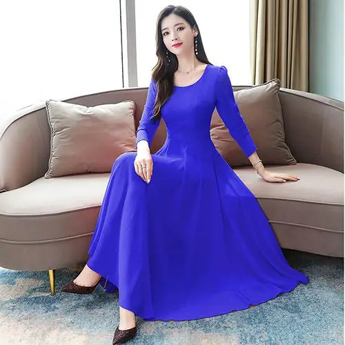 Blue Dress Длинное Макси платье осень зима длинный рукав плюс размер шифоновое платье миди винтажное элегантное женское облегающее вечерние платья Vestidos - Цвет: Blue Dress