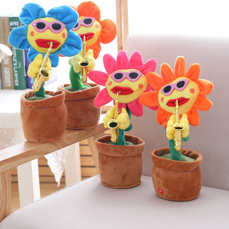 

Kawaii Saxophone Dancing And Singing Flower Enchanting Sunflower Soft Stuffed Plush Toys Funny Electric Toys For Kids Party Toys