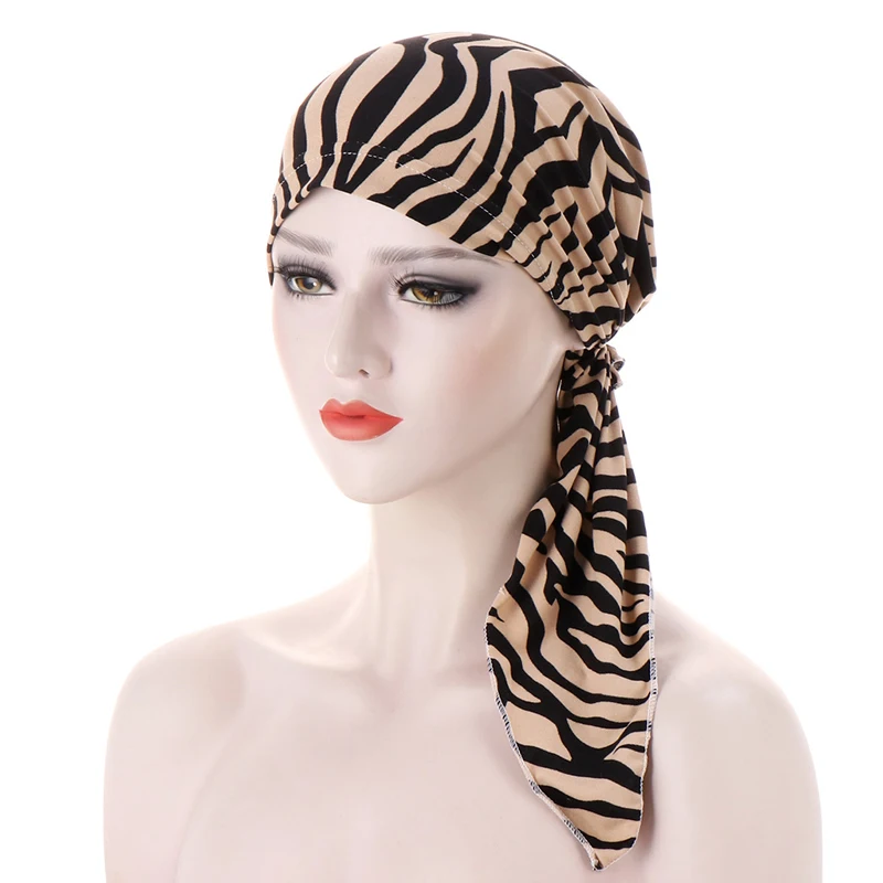 

Muslim Turban Hat Curved Floral Two-tail Turban Hats Women Chemotherapy Cap Fashion Zebra Pattern Pullover Caps
