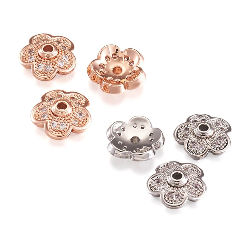 50pcs 9x9x3mm Brass Micro Pave Cubic Zirconia Bead Cap End Cap for Jewelry Making Hole: 1.5mm