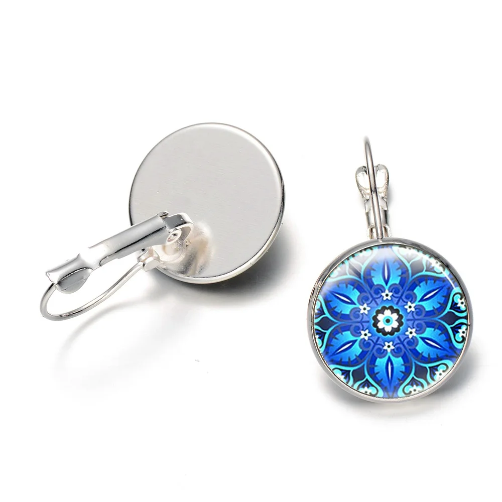 

Blue Mandala Print Art Earring Henna Yoga Spiritual Meditation Bronze Plated Earrings Vintage Flowers Elegant Female Gift