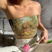 elegant women oil painting printed tube tops summer slim strapless back lace up bandage vest off shoulder bustiers y2k crop top
