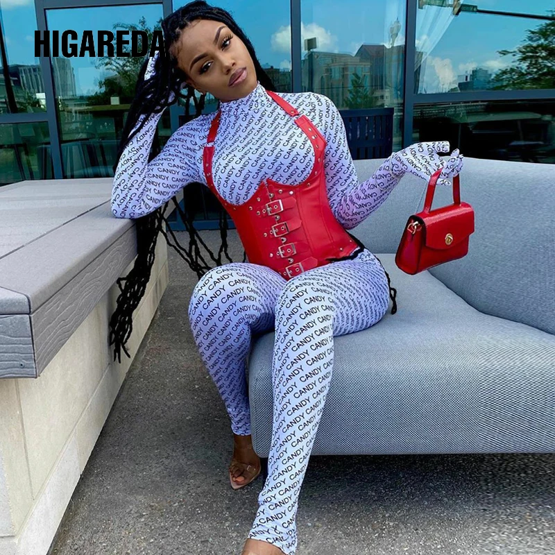 

HIGAREDA 2020 Long Sleeve With Gloves Letters Print Sexy Jumpsuit Autumn Winter Women Fashion Streetwear Outfits Romper Body