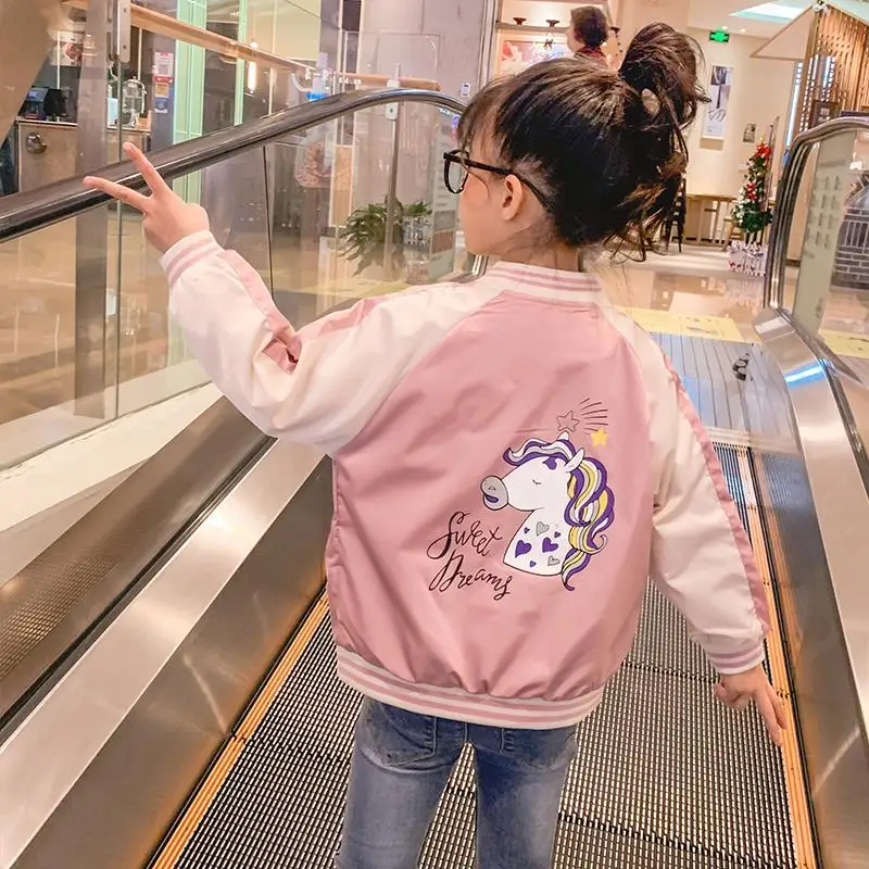 2020 new Children's clothing girls autumn baby baseball uniform 4-13 years old children's jacket cartoon Rainbow Horse | Детская